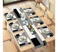 ArtSocket Lot de 6 chemins de table géométriques et napperons - Peinture abstraite blanche noire grise - Décoration de table pour un usage quotidien (1 chemin de table de 182,9 cm de long et 6 sets de