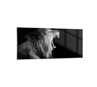 ARTTOR Tableau Décoratif en Verre 120x50cm Afrique Noir et Blanc - 4252 | Lion Bâillement ET Impression sur Verre Grand Décoration Murale Art Mural Verre Trempé Salon Chambre Design Moderne ARTTOR