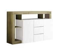 ARTURO - Buffet 2 Portes 3 Tiroirs Blanc Laqué Encadrement Niches Aspect Bois Cadiz