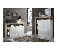 ARTURO - Ensemble Buffet 3P + Meuble Bar Blanc Laqué Niches Aspect Bois Antik