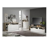 ARTURO - Ensemble Buffet 4P + Meubles TV et Bar Blanc Laqué Niches Aspect Bois Antik