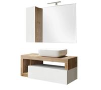 ARTURO - Meuble avec vasque 110cm suspendu + Miroir blanc et aspect bois Cadiz