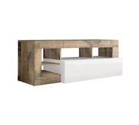 ARTURO - Meuble TV 1 Abattant Blanc Laqué Encadrement Niches Aspect Bois Antik