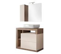 ARTURO - Meuble Vasque 92cm + Miroir beige et aspect bois finition Mercure