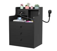ARunThLana Table de Chevet avec éclairage LED, avec 3 Tiroirs, Table de Nuit en Bois, 2 Prises AC, 2 Ports USB, Moderne, Noir, pour Salon, Chambre, Bureau, 45x35x68cm