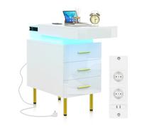 ARunThLana Table de Chevet avec éclairage LED, avec 3 Tiroirs, Table de Nuit en Bois, 2 Prises AC, 2 Ports USB, Moderne, pour Salon, Chambre, Bureau, Blanc