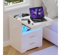 ARunThLana Table de Chevet avec éclairage LED et Station de Recharge, avec 2 Tiroirs, Couvercle Coulissant, Buffet à tiroirs verrouillables,pour Salon, Chambre, Bureau,Blanc
