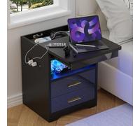 ARunThLana Table de Chevet avec éclairage LED et Station de Recharge, avec 2 Tiroirs, Couvercle Coulissant, Buffet à tiroirs verrouillables, pour Salon, Chambre, Bureau,Noir