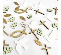 ARYIMYDP 70 Pièces Décorations en Bois pour Baptême et Communion, Motifs Croix, Poisson, Colombe, Touches Vertes, Confettis de Table pour Baby Shower, Première Communion, Confirmation, Décor Festif