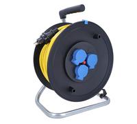 as - Schwabe Enrouleur de câble, 25 m, K35 AT-N07V3V3-F 3G1,5, jaune, IP44, pour l'extérieur, avec fiche SEV T13 IP55 et 3 prises de type 13, disjoncteur thermique, fabriqué en Allemagne