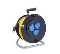 as - Schwabe Enrouleur de câble, 33 m, K35 AT-N07V3V3-F 3G1,5, jaune, IP44, pour l'extérieur, avec fiche SEV T13 IP55 et 3 prises de type 13, disjoncteur thermique, fabriqué en Allemagne