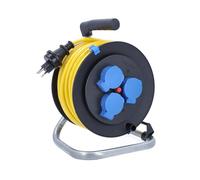 as - Schwabe Enrouleur de câble, 50 m, K35 AT-N07V3V3-F 3G1,5, jaune, IP44, pour l'extérieur, avec fiche SEV T13 IP55 et 3 prises de type 13, disjoncteur thermique, fabriqué en Allemagne