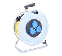 as - Schwabe Enrouleur de câble, 50 m, K35 AT-N07V3V3-F 3G1,5, jaune, IP44, pour l'extérieur, avec fiche SEV T13 IP55 et 3 prises de type 13, tôle d'acier, disjoncteur thermique, fabriqué en Allemagne