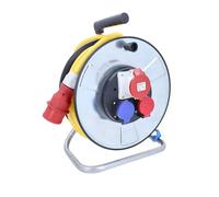 as - Schwabe Enrouleur de câble CEE 25 m AT-N07V3V3-F 5G2,5 jaune, extérieur IP44, fiche CEE 16 A, 5 broches, prises CEE et SEV, tôle d'acier, protection thermique, fabriqué en Allemagne