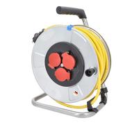 as - Schwabe Enrouleur de câble en métal, 50 m, K35 AT-N07V3V3-F 3G1,5, câble 230 V/16 A, avec 3 prises de contact de protection rouges, couvercle rabattable et disjoncteur thermique, IP44, fabriqué