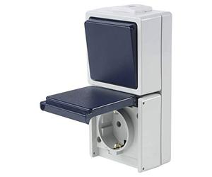 as - Schwabe Interrupteur à bcule en saillie Interrupteur à bcule robuste (230 V/10 A/16 A) pour espace humide et extérieur IP54 Gris clair/bleu Fabriqué en Allemagne I 62455
