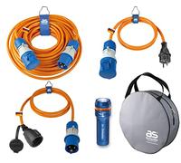 as - Schwabe Kit de camping 5 pièces - Sac de protection - 19706 | Rallonge CEE de 25 m avec fiche CEE et raccord CEE - 2 câbles adaptateurs de 1,5 m - Lampe de poche LED