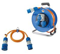 as - Schwabe Kit de camping - Enrouleur de câble 25 m + rallonge de 1,5 m | Avec prise CEE et 2 prises de terre - Rallonge CEE de 1,5 m - Avec indicateur de tension - Enrouleur de câble d'extérieur