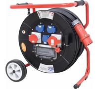 as - Schwabe Mammouth enrouleur de câble 40 m H07RN-F 5G6, 5 prises | fiche CEE 400 V 32 A 5 pôles, châssis roulant, interrupteur différentiel + disjoncteur, arrêt d’urgence - IP44