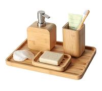 Asashizen Lot de 4 accessoires rétro faits à la main en bambou pour évier et salle de bain,Porte-savon pour douche, distributeur de savon, tasse de bain de bouche, tasse de rinçage, maison, bureau