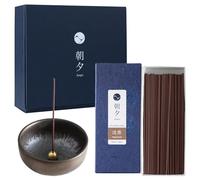 Asayu Japan Coffret Cadeau Encens à Faible Fumée avec Porte Encens, Set Fabriqué au Japon, Bâtons d'Encens Senteur Bois d'Agar avec Encensoir Céramique Zen