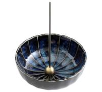 Asayu Japan Porte Encens Lotus en Céramique avec Brûleur d'Encens en Laiton pour Bâtonnets de 105mm, Cônes, Encensoir Traditionnel Fabriqué au Japon, Couleur Bleu Marine Foncé, Minimaliste