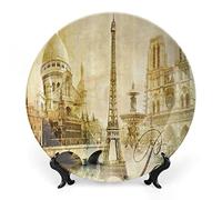 asbwuo Assiettes décoratives, décoration murale de Paris, paysage antique, Tour Eiffel, monuments de France, 20 cm, jaune sépia