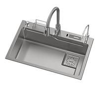 asdchZen Évier de cuisine cascade + robinet rabattable, évier manuel en acier inoxydable pour légumes - T pour cuisines modernes