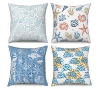 ASDCXZ Housses de Coussin Maritime 40x40 cm, Lot de 4 Boussole étoile de mer Coquillage Corail Bleu Blanc canapé Housses de Coussin Lavable Lin Textile extérieur Taie d'oreiller