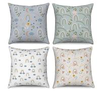ASDCXZ Housses de Coussin pour Enfants 40x40 cm, Lot de 4 Fleur Arc-en-Ciel Nuage Bleu Vert canapé Housses de Coussin décoratives Lavable Lin Textile extérieur Taie d'oreiller