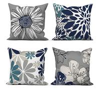 ASDCXZ Lot de 4 Bleues 40x40 cm, Europe du Nord Fleurs Modernes Bleu Gris décoration de canapé Lavable Polyester et Lin Textile Housse de Coussin