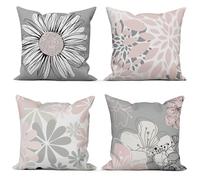 ASDCXZ Lot de 4 housses de coussin 50 x 50 cm - Motif floral moderne - Rose gris - Pour canapé - Lavable - Polyester et lin - Textile d'extérieur