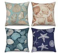ASDCXZ Lot de 4 océan 40x40 cm, rétro Coquillage étoile de mer Beige Bleu Vert Housse de Coussin décorative pour canapé Lavable Lin Textile taie d'oreiller