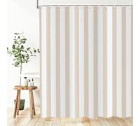 ASDCXZ Rayé Rideau de Douche 90x180 cm, Moderne Minimaliste Japonais Style Beige et Blanc Verticale Rayures Imperméable Bain Rideau Textile Lavable Rideaux Douche pour Baignoire avec 6 Crochets