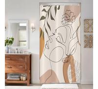 ASDCXZ Rideau de Douche Beige 90x180 cm Style Boho, Art Abstrait Moderne Fille Visage Fleur Feuilles Vertes Lavables Textile Rideau Douche imperméable pour Baignoire avec 6 Crochets