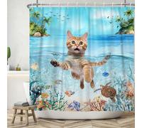 ASDCXZ Rideau de douche chat 180 x 180 cm, drôle et mignon, chat, été, océan, palmiers, animaux marins, corail, lavable, rideau de douche en polyester, textile, imperméable, pour baignoire, avec 12