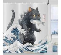ASDCXZ Rideau de Douche Japonais de Chat 90x180 cm, Japon Anime Drôle Noir Chat Attraper Poisson Vague Enfants Imperméable Bain Rideau Textile Lavable Rideaux Douche pour Baignoire avec 6 Crochets