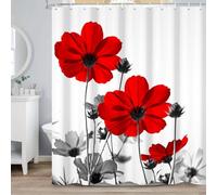 ASDCXZ Rideau Douche Rouge Fleurs 90x180 cm, Aquarelle Rouge Gris Marguerite Fleurs Rustique Ferme Imperméable Polyester Textile Lavable Rideau de Baignoire avec 6 Crochets