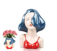 ase de Visage de 8,3 Pouces, Vase de Fleur de Visage en céramique | Fille visage vase Femme forme tête demi-corps vase Vase de fleur moderne pour étagère de table (bleu)