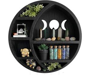 ASEELO Étagère en forme de demi-lune en bois pour affichage en cristal, montage mural, étagère de lune rustique pour cristaux, pierres, huiles essentielles, petit support pour plantes