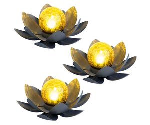 Asia Garten Lotusblüte Deko Fleur de lotus solaire pour l'extérieur Lampe de jardin Luminaires décoratifs, verre craquelé Feuilles métalliques grises, 1x LED, D 25 cm, lot de 3