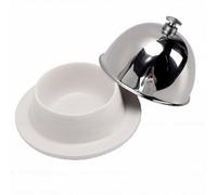 Asixxsix Beurrier en Céramique avec Couvercle en Acier Inoxydable, Plat à Fromage Rond avec Couvercle en Dôme en Acier Inoxydable, Petit Plateau de Service pour Assiette à Fromage pour