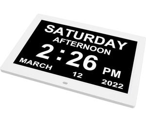 Asixxsix Horloge calendrier digitale, pour seniors, rappel de réveil, affichage de la date, utilisation flexible, gradation automatique, avec télécommande, pour personnes âgées (prise UE)