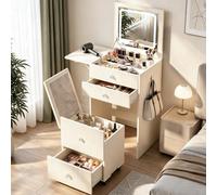 Askelierg Petite Coiffeuse avec LED, Coiffeuse 3 en 1 avec Miroir & Tablette Latérale Rabattable, Couffeuse Compacte et Tabouret Rangement roulettes, 3 Couleurs, 3 Tiroirs pour Petit Espaces, Blanc
