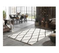 ASMA Tapis de salon Shaggy - Style berbère - 120 x 160 cm - Crème et marron - Motif géométrique