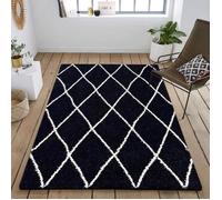 ASMA Tapis de salon Shaggy - Style berbère - 120 x 160 cm - Noir - Motif géométrique
