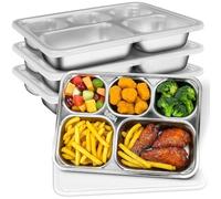 ASMIZ Lot de 4 Assiettes Compartimentées Inox avec Couvercle, Plateau Repas 5 Compartiments, Boîte à Déjeuner Bento Acier Inoxydable pour Enfants & Adultes, École, Bureau