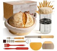 ASOBEAGE Kit de fabrication de pain au levain 11 pièces - Comprend un panier rond de 22,9 cm avec doublure en coton, une lame, un pot de démarrage en verre, un fouet à pâte et des grattoirs pour