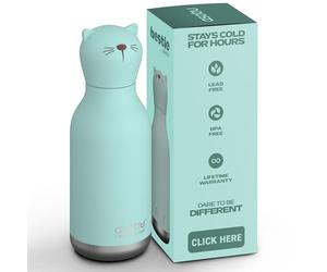ASOBU Bestie Bottle - Bouteille d'eau isotherme en acier inoxydable avec tête d'animal douce détachable, boisson amusante pour enfants et adolescents avec paille réutilisable flexible de 16 oz (chat)