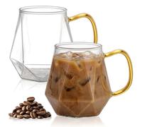 ASOUUNLD Lot de 2 Tasses à Café en Verre Borosilicate avec Poignée Tasses Latte 350ml Verres Tasses À Café Résistant à La Chaleur, Diamant Design, pour Cappuccino, Expresso, Thé, Lait, Jus, Bière